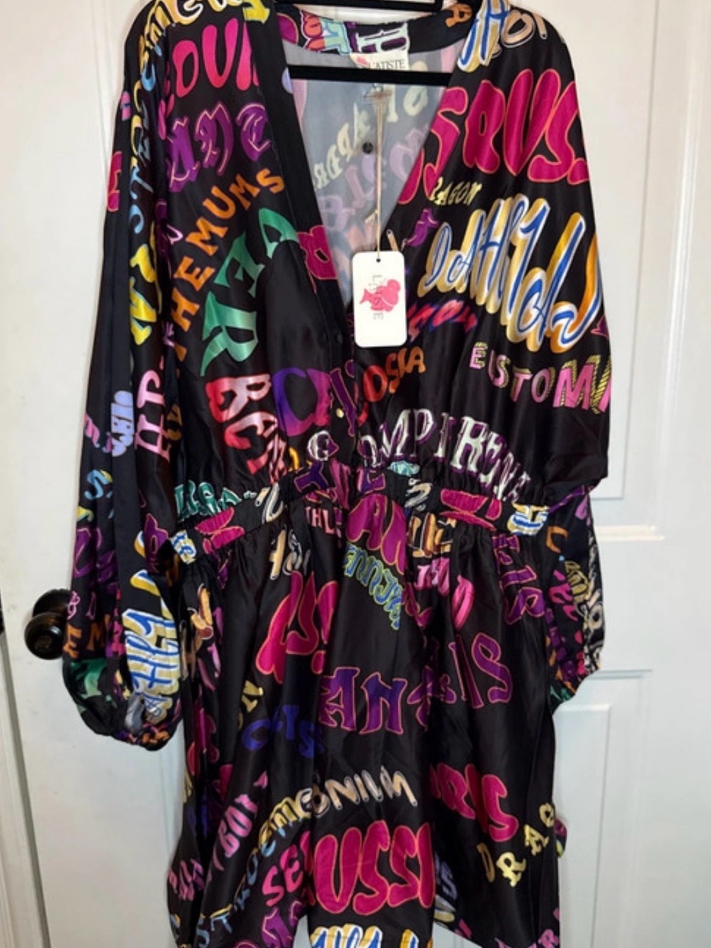 L'ATISTE Black Mini Dress with Multicolor Graphic Print